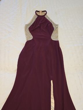Xscape Plum Halter Gown with Crystal Side Panels